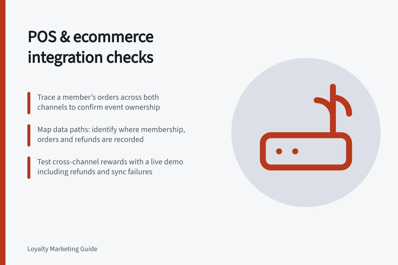 POS & ecommerce integration checks: Trace a member’s orders across both channels to confirm event ownership; Map data paths: identify where membership, orders and refunds are recorded; Test cross-channel rewards with a live demo including refunds and sync failures