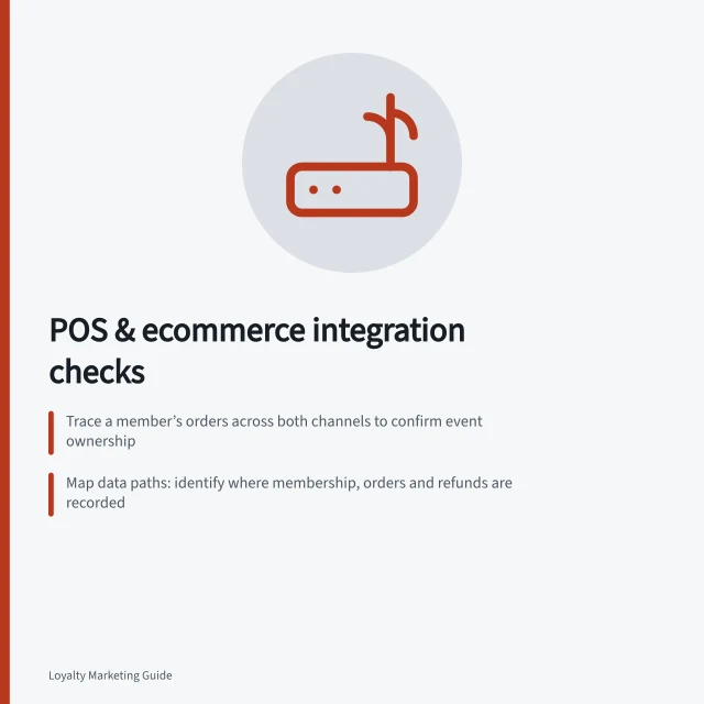 POS & ecommerce integration checks: Trace a member’s orders across both channels to confirm event ownership; Map data paths: identify where membership, orders and refunds are recorded; Test cross-channel rewards with a live demo including refunds and sync failures. Checking POS and ecommerce integration support