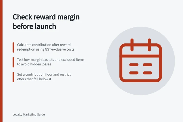 Check reward margin before launch: Calculate contribution after reward redemption using GST-exclusive costs; Test low-margin baskets and excluded items to avoid hidden losses; Set a contribution floor and restrict offers that fall below it. Checking reward margin before launching a points offer