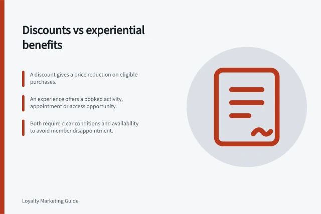 Discounts vs experiential benefits: A discount gives a price reduction on eligible purchases.; An experience offers a booked activity, appointment or access opportunity.; Both require clear conditions and availability to avoid member disappointment. Comparing discounts with experiential benefits