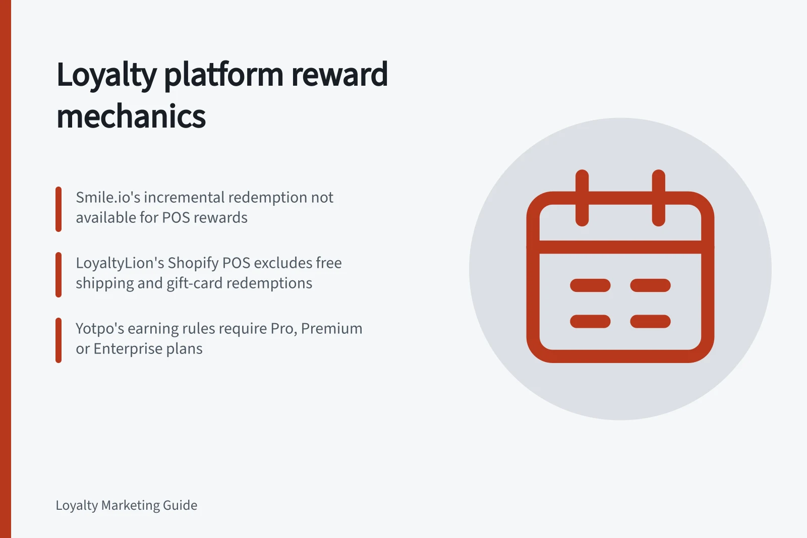 Loyalty platform reward mechanics: Smile.io's incremental redemption not available for POS rewards; LoyaltyLion's Shopify POS excludes free shipping and gift-card redemptions; Yotpo's earning rules require Pro, Premium or Enterprise plans