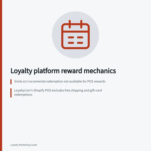 Loyalty platform reward mechanics: Smile.io's incremental redemption not available for POS rewards; LoyaltyLion's Shopify POS excludes free shipping and gift-card redemptions; Yotpo's earning rules require Pro, Premium or Enterprise plans. Comparing loyalty platforms by reward mechanics