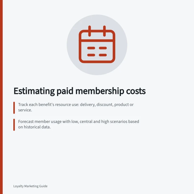 Estimating paid membership costs: Track each benefit's resource use: delivery, discount, product or service.; Forecast member usage with low, central and high scenarios based on historical data.; Include setup, admin and support costs separately; monitor actual claims vs. forecasts. Estimating the cost of paid membership benefits