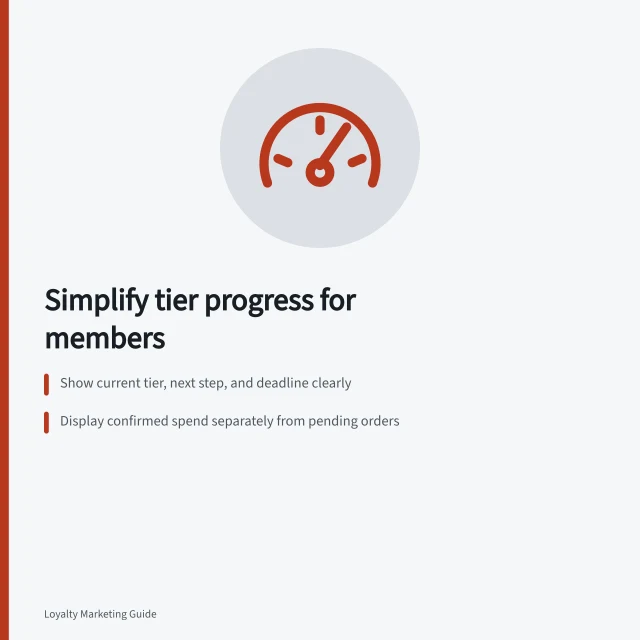Simplify tier progress for members: Show current tier, next step, and deadline clearly; Display confirmed spend separately from pending orders; Label points and tier progress distinctly if redeemable. Explaining tier progress without complex calculations