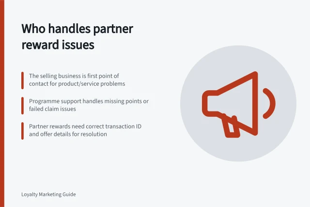 Who handles partner reward issues: The selling business is first point of contact for product/service problems; Programme support handles missing points or failed claim issues; Partner rewards need correct transaction ID and offer details for resolution. Explaining who handles a partner reward problem