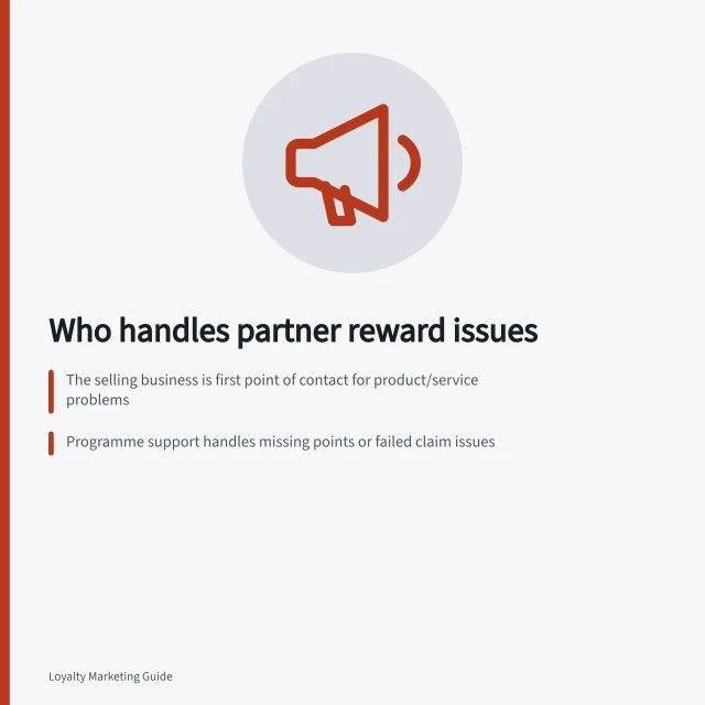 Who handles partner reward issues: The selling business is first point of contact for product/service problems; Programme support handles missing points or failed claim issues; Partner rewards need correct transaction ID and offer details for resolution. Explaining who handles a partner reward problem