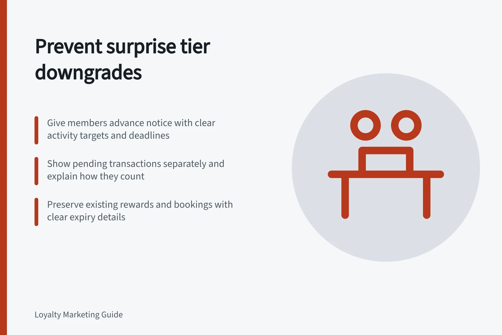 Prevent surprise tier downgrades: Give members advance notice with clear activity targets and deadlines; Show pending transactions separately and explain how they count; Preserve existing rewards and bookings with clear expiry details
