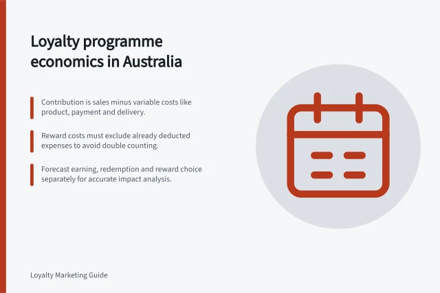Loyalty programme economics in Australia: Contribution is sales minus variable costs like product, payment and delivery.; Reward costs must exclude already deducted expenses to avoid double counting.; Forecast earning, redemption and reward choice separately for accurate impact analysis. Loyalty programme economics