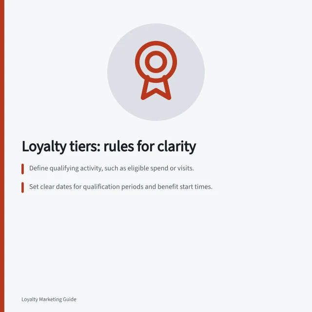 Loyalty tiers: rules for clarity: Define qualifying activity, such as eligible spend or visits.; Set clear dates for qualification periods and benefit start times.; State how refunds and exclusions affect tier progress. Loyalty tiers and qualification rules