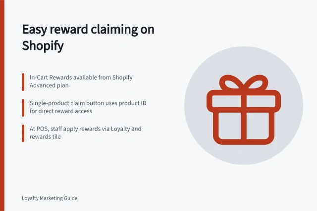 Easy reward claiming on Shopify: In-Cart Rewards available from Shopify Advanced plan; Single-product claim button uses product ID for direct reward access; At POS, staff apply rewards via Loyalty and rewards tile. Making an available reward easy to find and apply