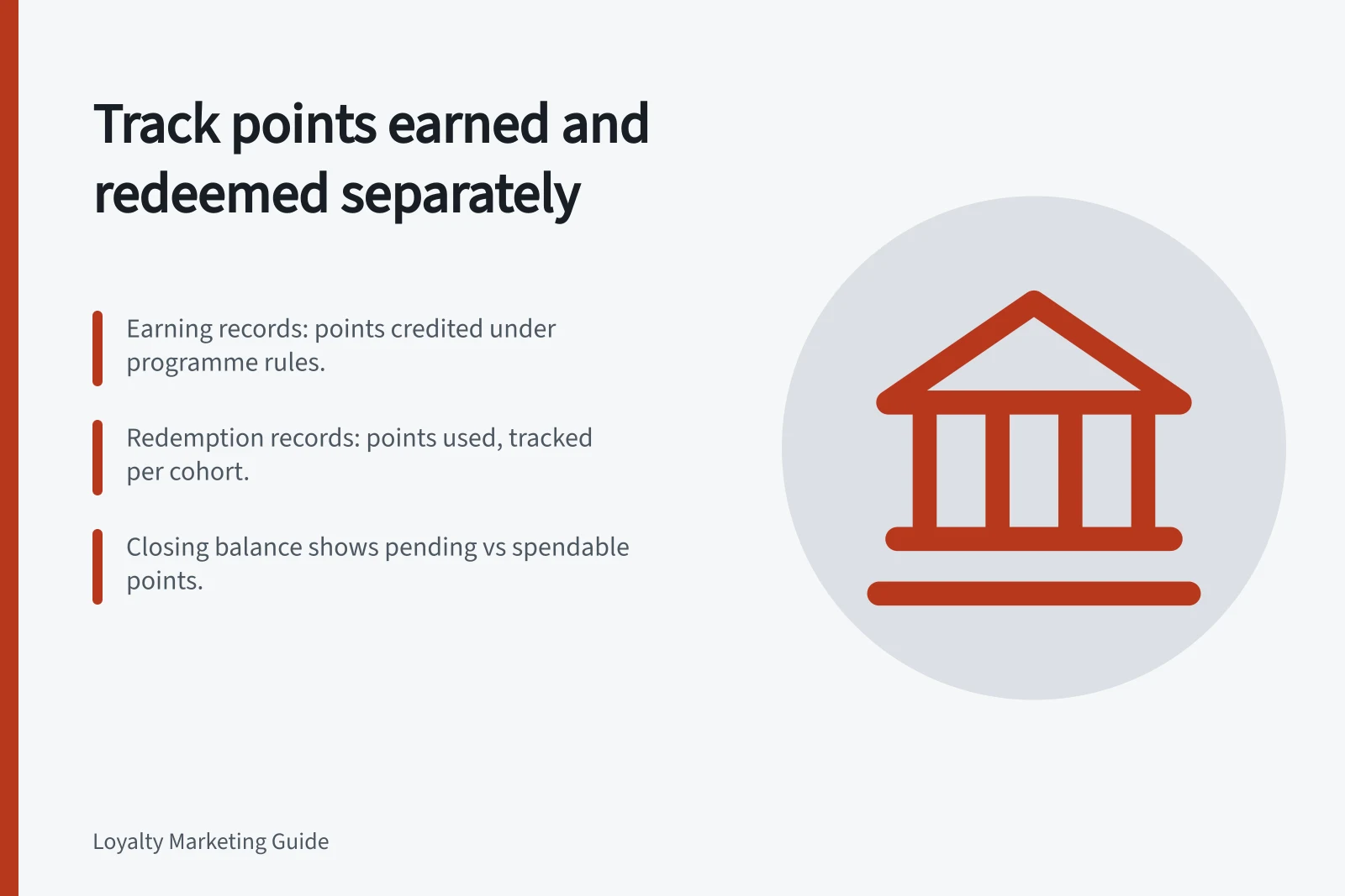 Track points earned and redeemed separately: Earning records: points credited under programme rules.; Redemption records: points used, tracked per cohort.; Closing balance shows pending vs spendable points.