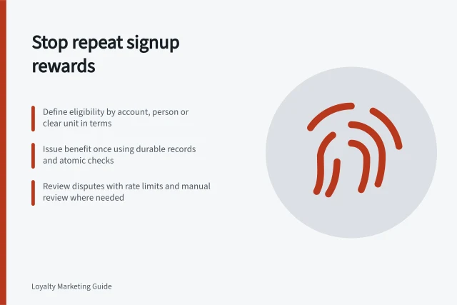 Stop repeat signup rewards: Define eligibility by account, person or clear unit in terms; Issue benefit once using durable records and atomic checks; Review disputes with rate limits and manual review where needed. Preventing repeated signup incentives