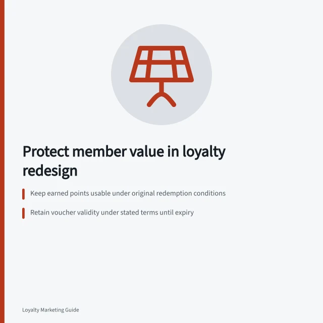 Protect member value in loyalty redesign: Keep earned points usable under original redemption conditions; Retain voucher validity under stated terms until expiry; Preserve paid membership access through promised end date. Protecting existing member expectations during a redesign
