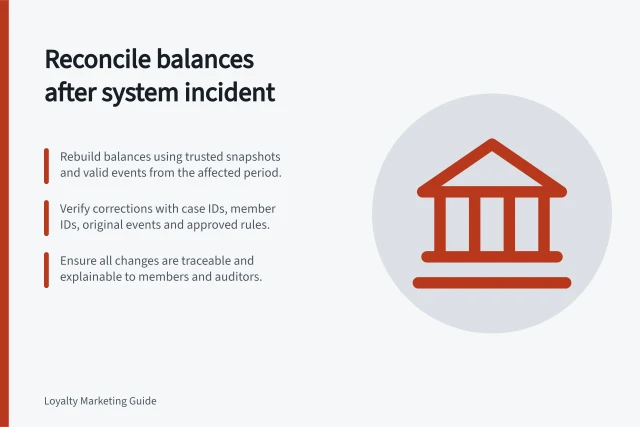 Reconcile balances after system incident: Rebuild balances using trusted snapshots and valid events from the affected period.; Verify corrections with case IDs, member IDs, original events and approved rules.; Ensure all changes are traceable and explainable to members and auditors. Reconciling member balances after a system incident