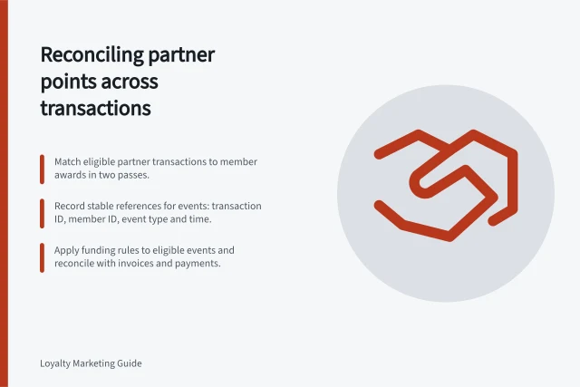 Reconciling partner points across transactions: Match eligible partner transactions to member awards in two passes.; Record stable references for events: transaction ID, member ID, event type and time.; Apply funding rules to eligible events and reconcile with invoices and payments. Reconciling points across partner transactions