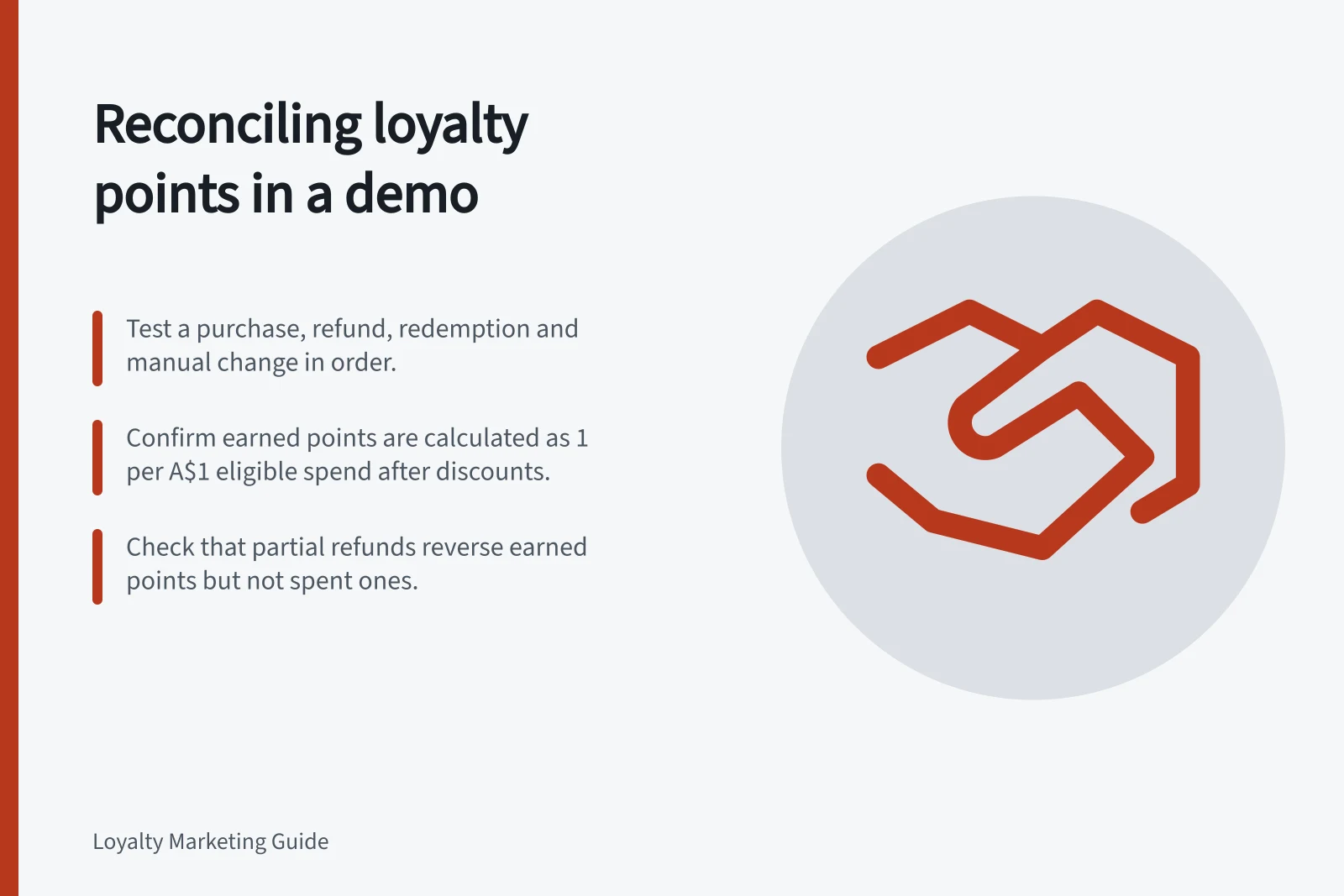Reconciling loyalty points in a demo: Test a purchase, refund, redemption and manual change in order.; Confirm earned points are calculated as 1 per A$1 eligible spend after discounts.; Check that partial refunds reverse earned points but not spent ones.