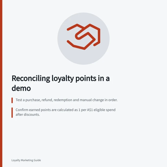 Reconciling loyalty points in a demo: Test a purchase, refund, redemption and manual change in order.; Confirm earned points are calculated as 1 per A$1 eligible spend after discounts.; Check that partial refunds reverse earned points but not spent ones. Testing points reconciliation in a software demo
